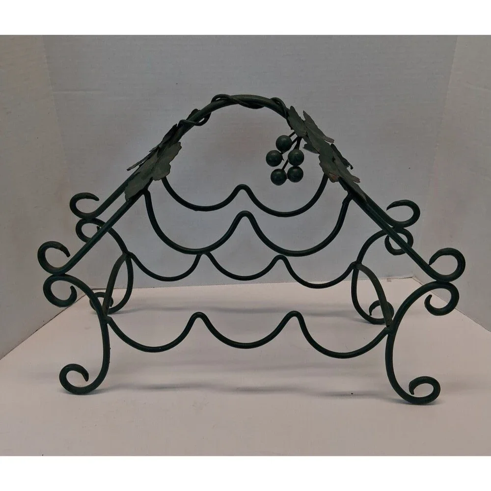 VTG Metal Grapevine Wine Rack Holder 5 Bottle Green Scrollwork Tabletop 1990s